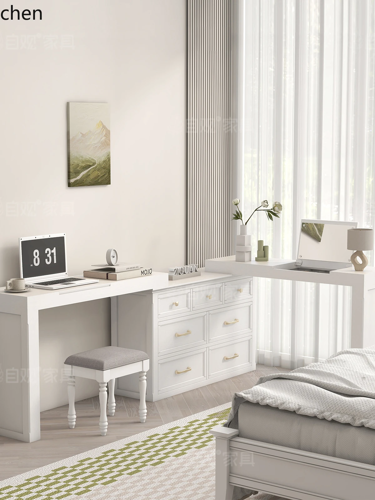 

PYH Master White Makeup Table Dressing Table Bedroom Corner L-Shaped Makeup Cabinet Integrated Dressing Table Set