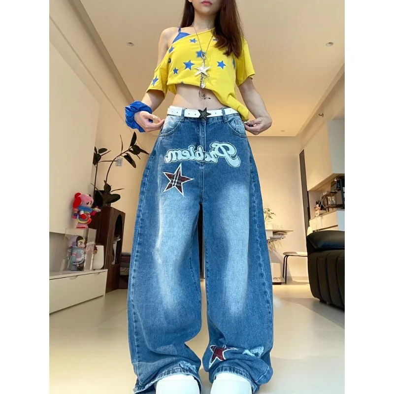 

American Vintage Spice Star Embroidered Wide-leg Machete Jeans Female Summer Y2K Punk Style Baggy Slim Joker Straight Mop Pants