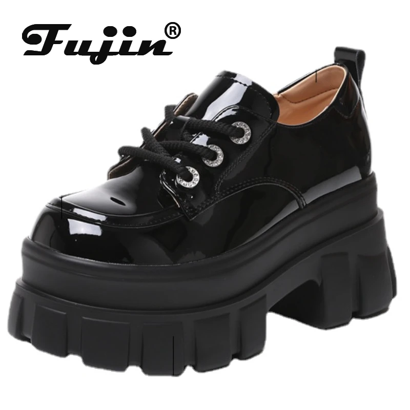 Fujin 8cm New Patent Microfiber Leather Durable Ankle Boots Pumps Spring Women Mary Jane Motorcycle Autumn Platform Wedge Shoes