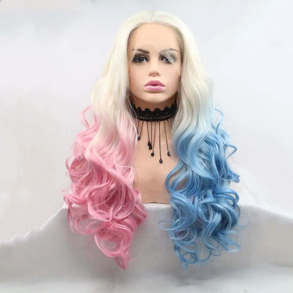 Peruki peruki z różowym Ombre Blue z syntetyczną blond koronką z przodu dla kobiet włókno termoodporne długie faliste peruki Cosplay