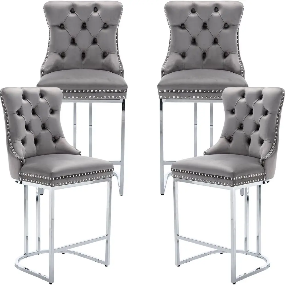 

Set of 4 Gray Tufted Counter Height Bar Stools with Metal Legs for Kitchen Island and Pub Use