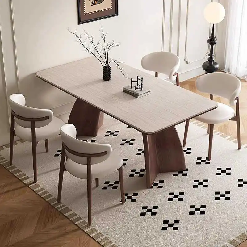 Solid wood travertine rock slab dining table Household rectangular medieval dining table