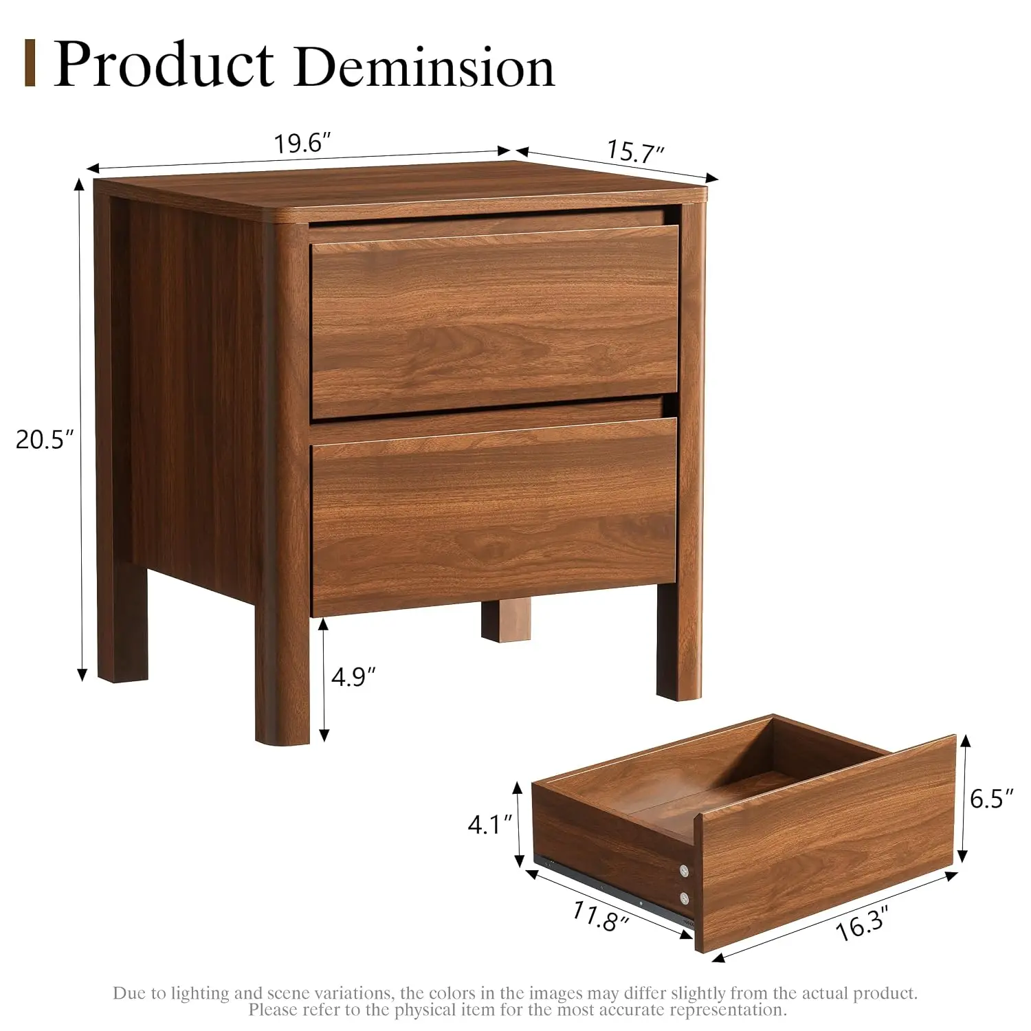 Mid Century Modern Nightstand Set of 2 with 2 Drawers Hidden Handles Solid Wood Legs for Bedroom, Customized