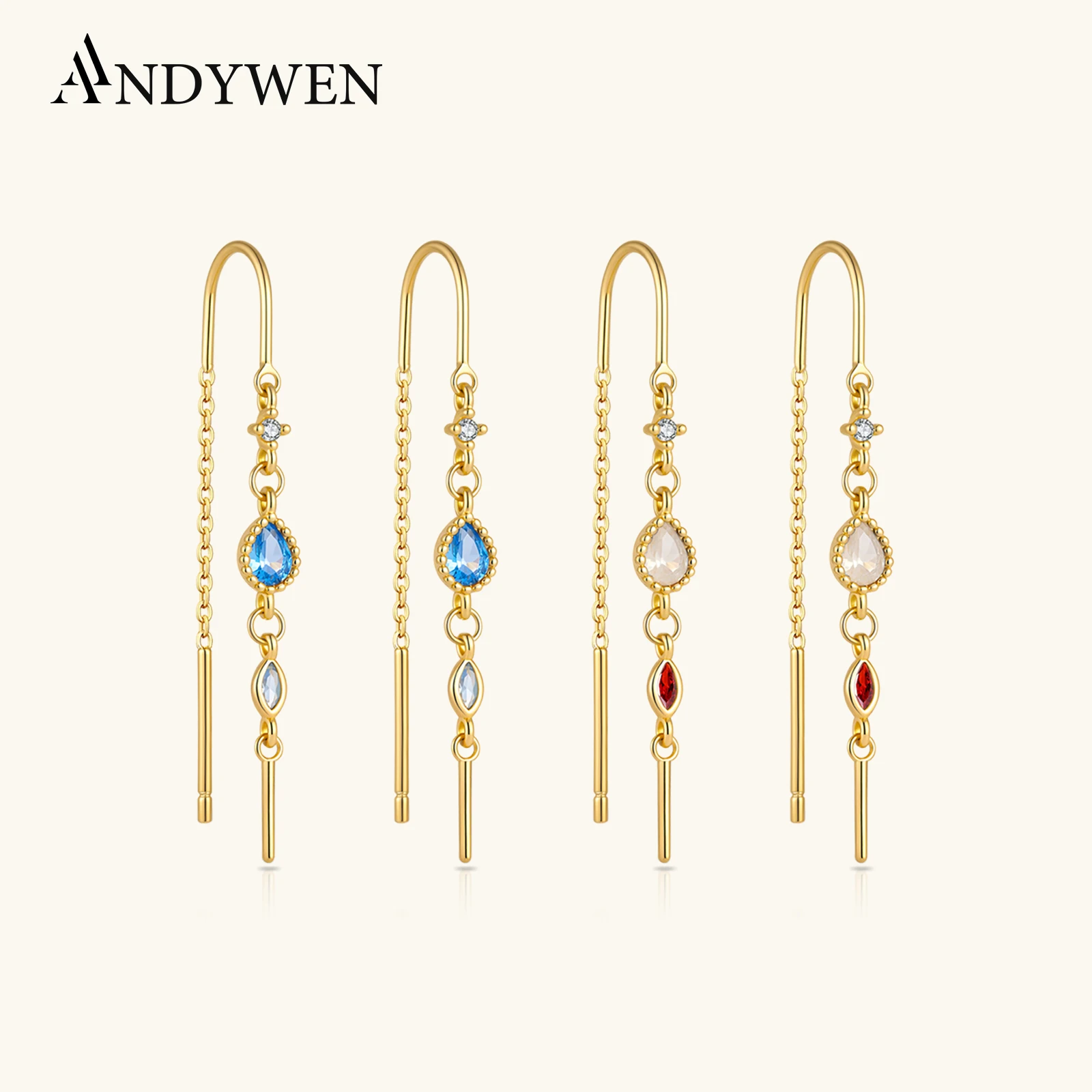 

Серьги-подвески ANDYWEN из стерлингового серебра 925 пробы с разноцветными цирконами в форме груши, двойная цепочка, длинные, роскошные женские украшения, изысканный подарок