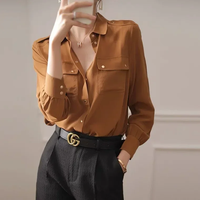 Blouse rétro à manches longues pour femme, blouse marron et blanc, mode printemps et automne 2024, nouveau