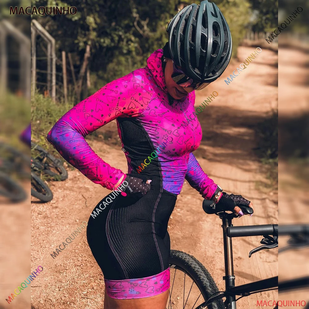 Women's Pink Long Sleeve Cycling Triathlon Skinsuit  Jersey Sets  2022 Bicycle Clothing Macaquinho Ciclismo Feminino 20D GEL Pad