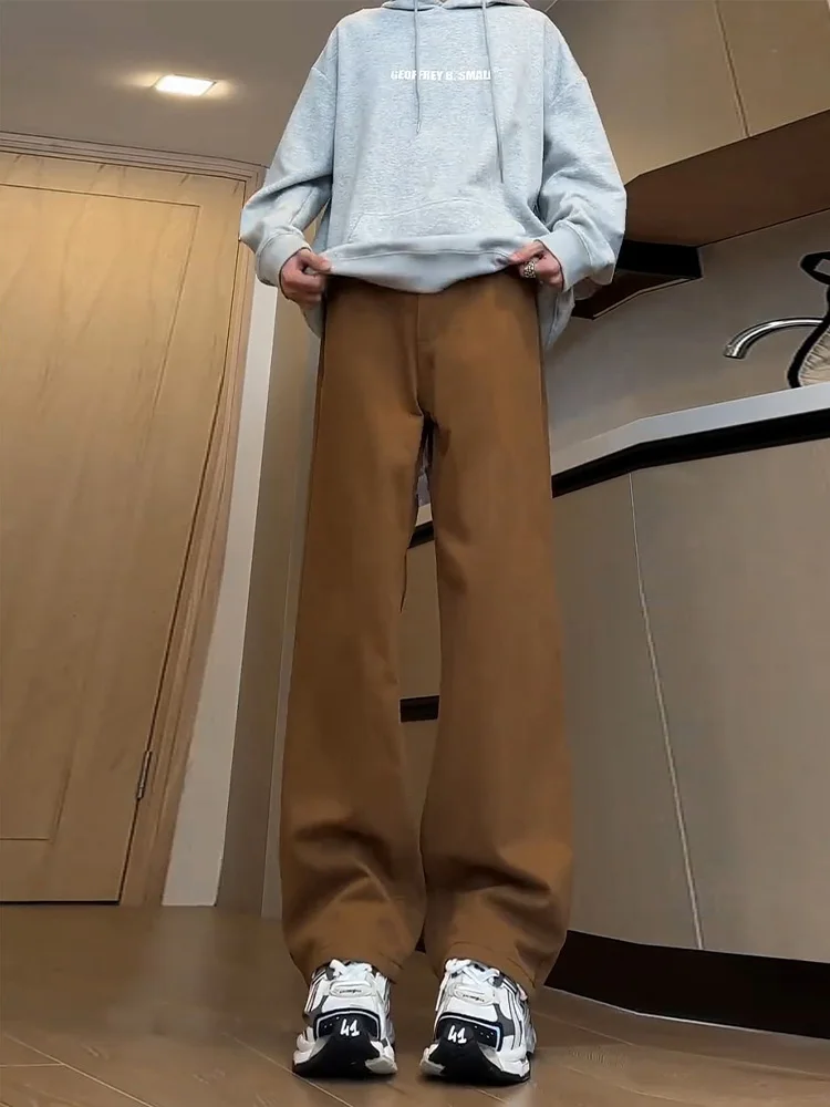 

Мужские джинсы в стиле ретро, коричневые, с высокой талией, прямого кроя, в американском стиле, молодежные, модные, износостойкие, из полиэстера.