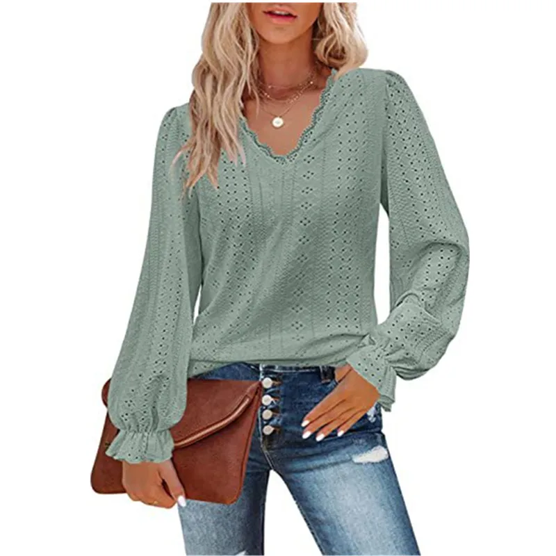 

Women Solid Color Shirt Autumn Long Sleeve V-Neck Sexy Hollow Out Shirt Tops Casual Pleated Sleeve Shirt Fashion Street Shirt