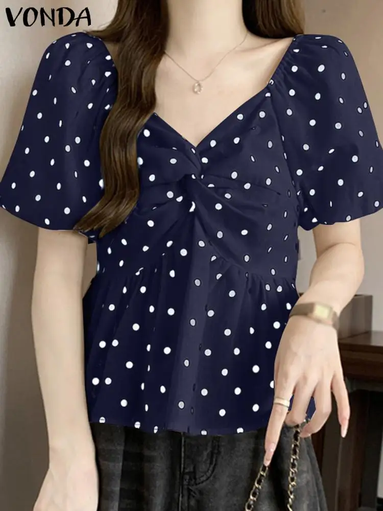 VONDA Summer Printed Shirts Women Polka Dot Blouse 2024 Tops Bohemian Casual Puff Sleeve V Neck Blusas Elegant Tunic Femininas