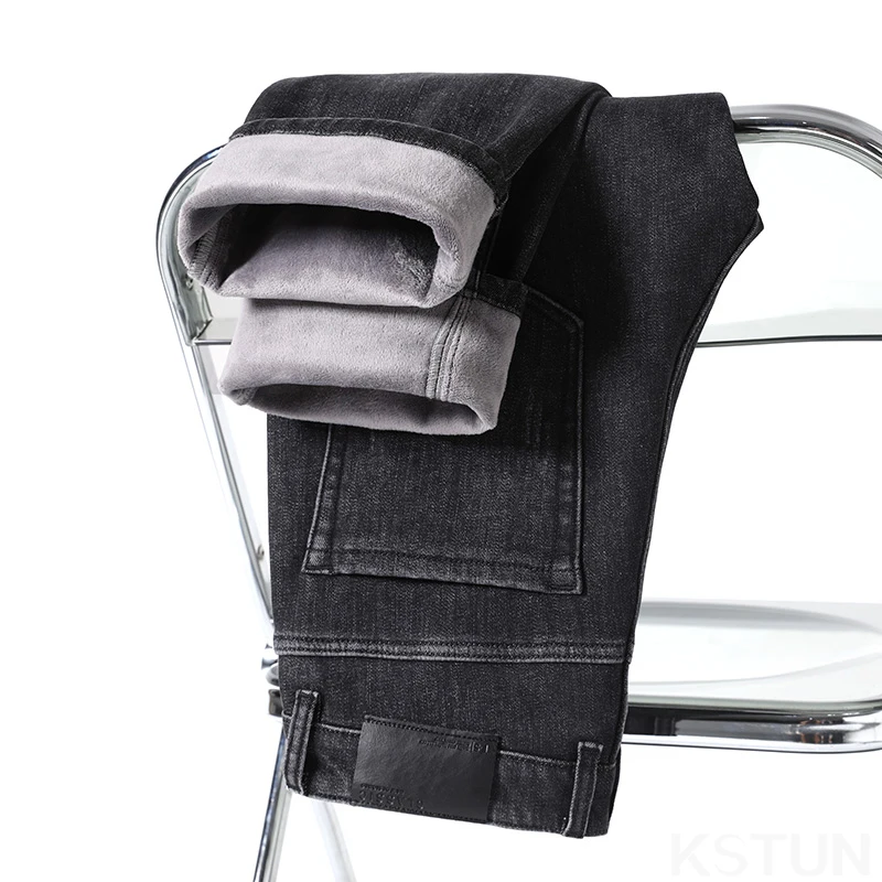 KSTUN 2026 Winter Jeans For Men Fleece Warmer Jeans Straight Stretch Business Casual Men's Trousers Denim Pants Thick Streetwear