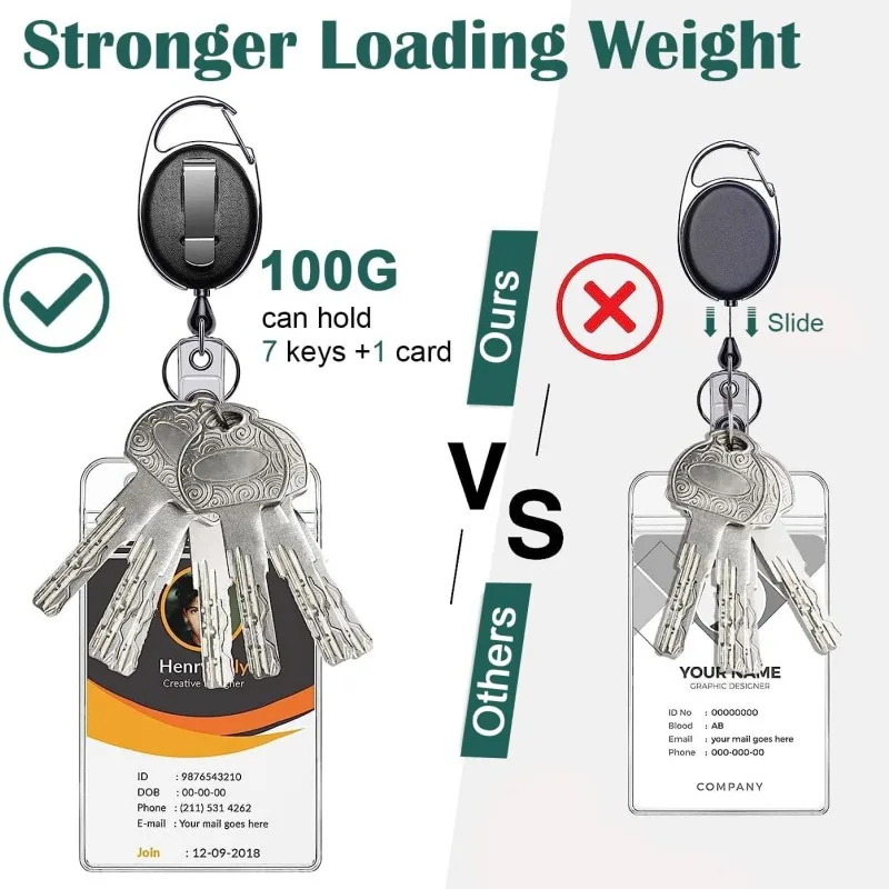 개폐식 배지 릴 홀더, 카라비너 벨트 클립 및 열쇠 고리가 있는 금속 헤비 듀티, ID 카드 이름 거치대 및 키 체인