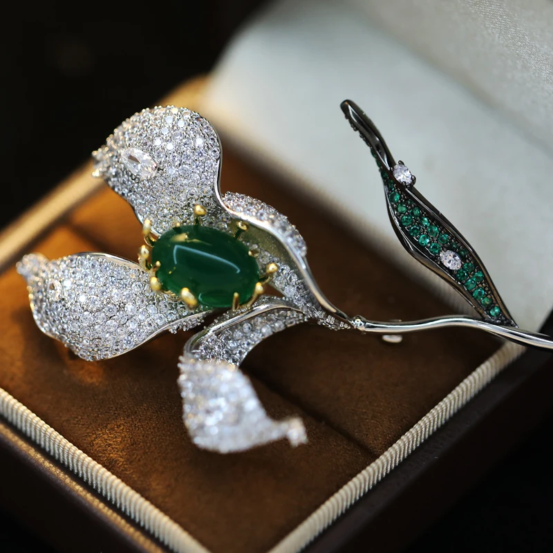 Gorgeous Micro Inlaid Zircon Rose Flower Brooch Luxurious Calla Lily Women's Coat Elegant Suit Accessories Dinner Corsage Pin