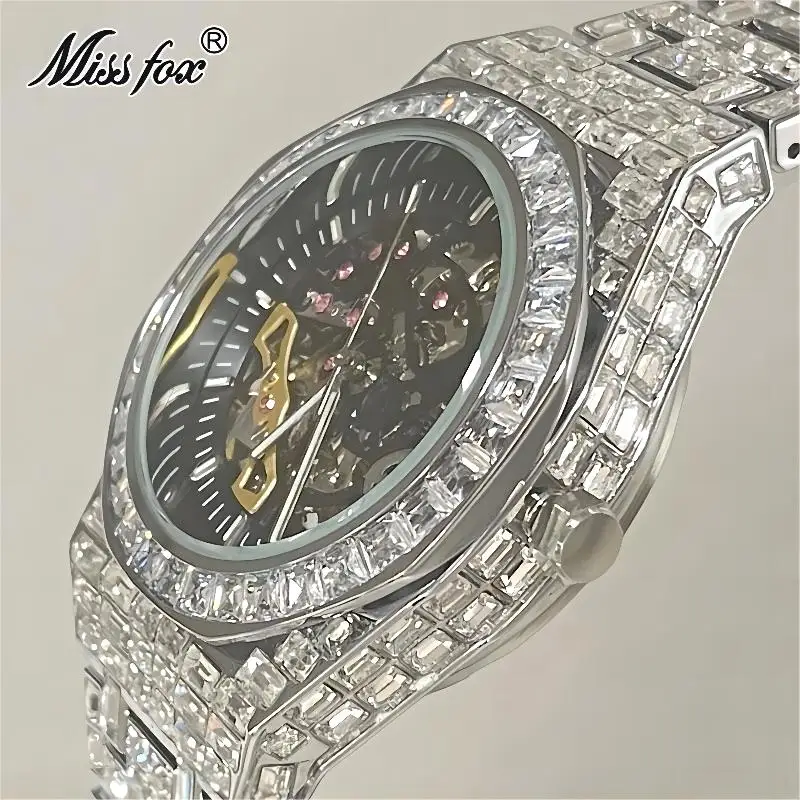 Hip Hop MISSFOX orologi meccanici automatici da uomo Full Square Diamond Silver Bling Watch Tourbillon AAA orologi Relógio Masculino