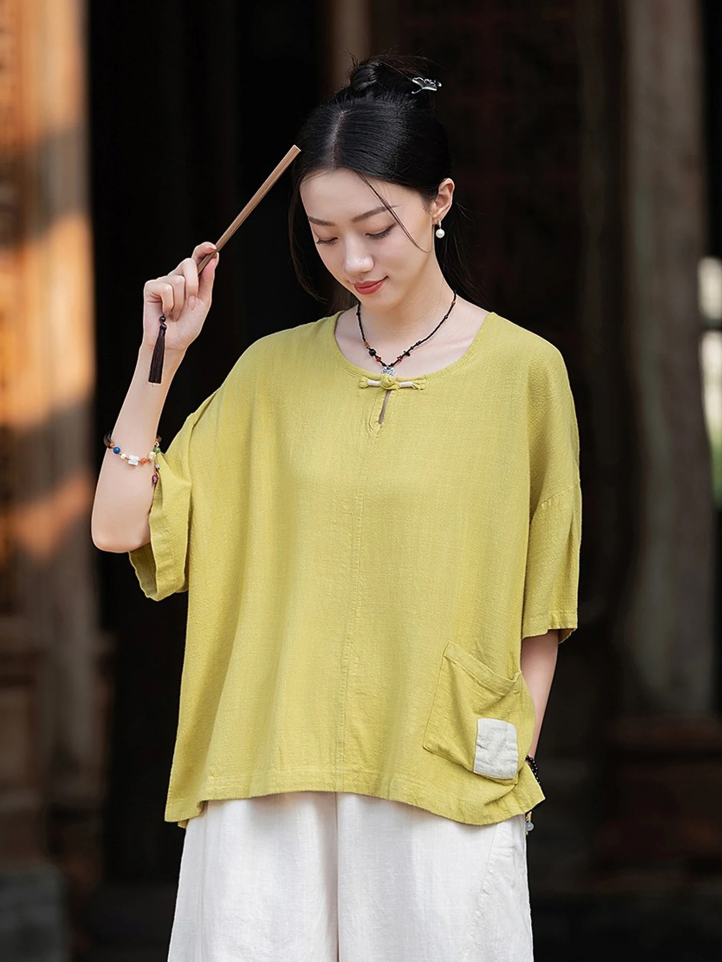 New Summer Cotton Linen Women's Short Sleeve T-Shirt Thin Tea Ceremony Style Loose Fit round Neck Pullover Top for Casual Wear