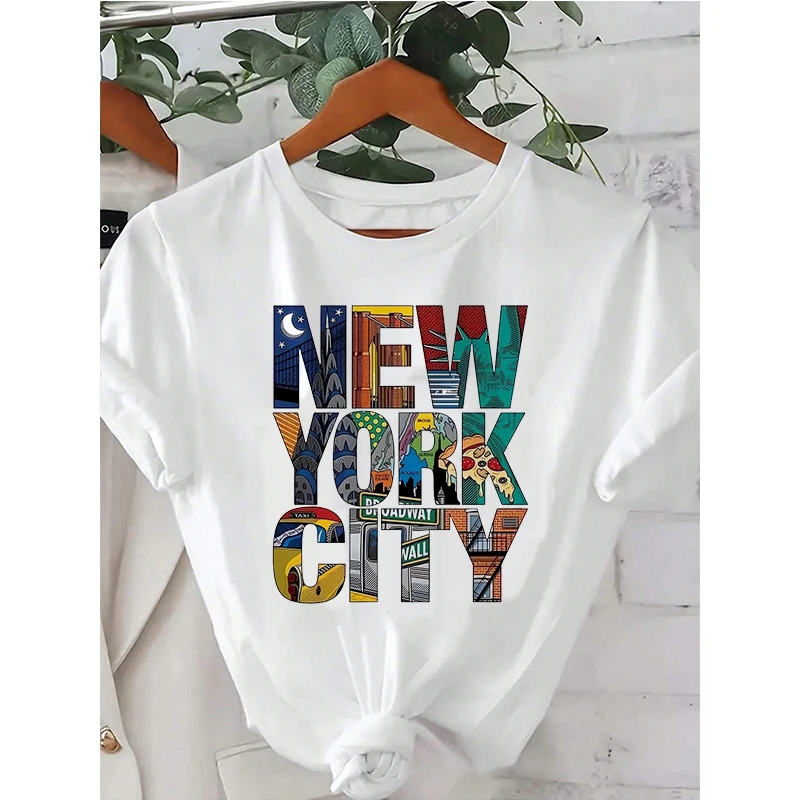 

Женская футболка с рисунком Нью-Йорка, яркая футболка с дизайнерским принтом NYC Skyline and Landmarks, повседневные готические футболки, одежда Y2k