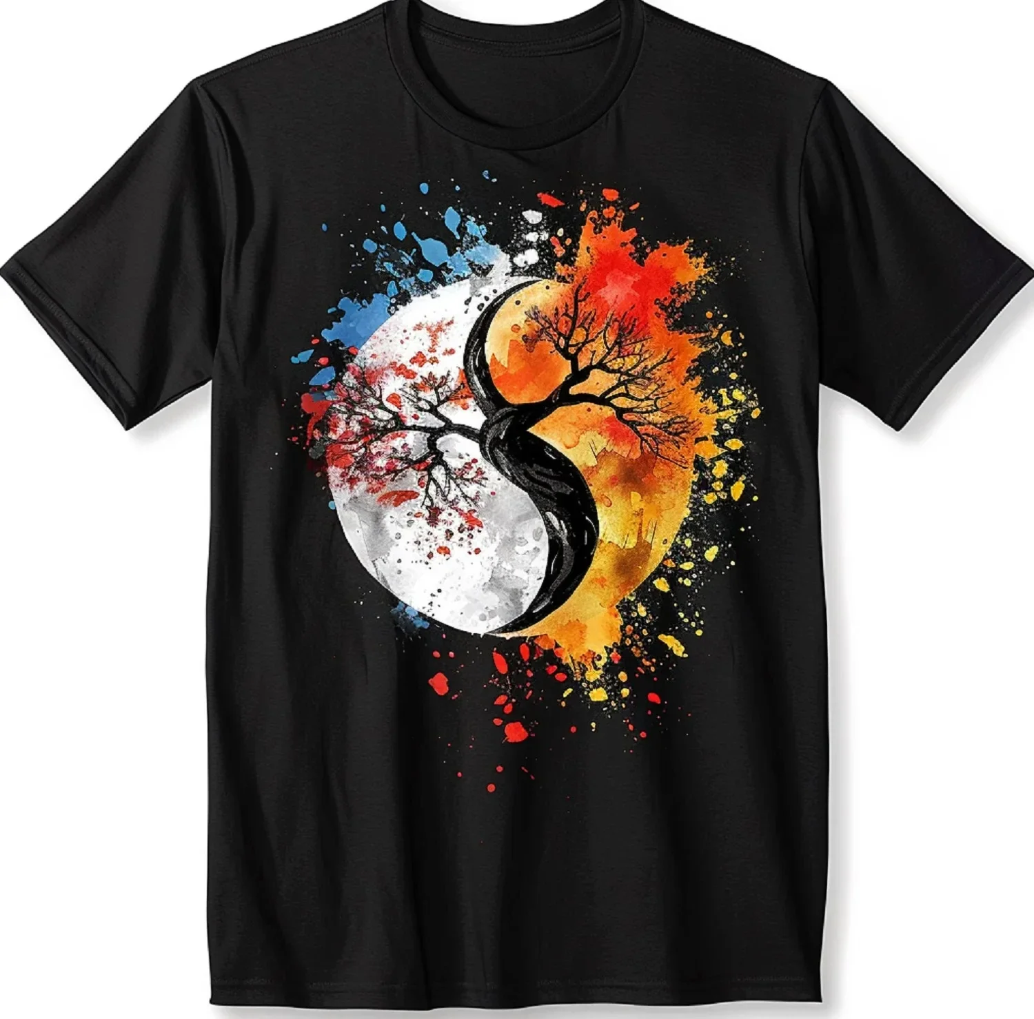 

Tree of Life Yin Yang T-Shirt Watercolor Splash Graphic Tee Breathable Cotton Crew Neck Casual Shirts for Men
