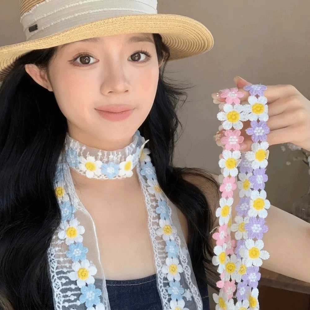 Korean Style Transparent Lace Chiffon Scarf Flower Thin Long Scarf Double-Sided Neck Scarf Women Girl