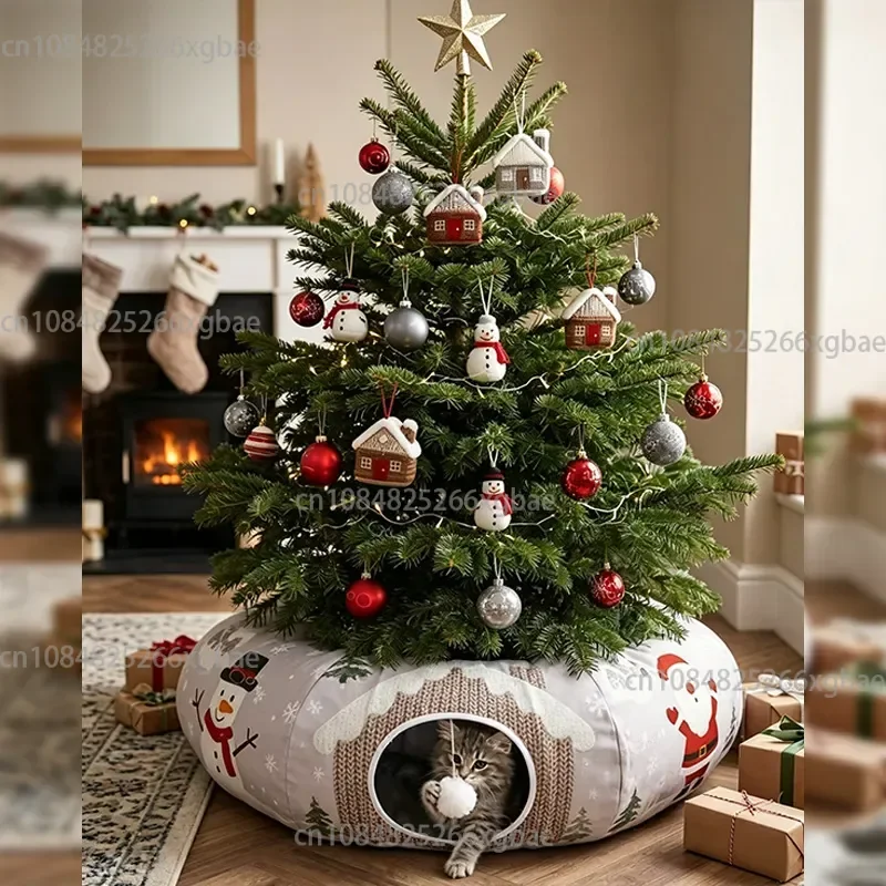 Christmas-themed printed cat tunnel foldable cat escape house self-pleasure relief pet supplies cat nest