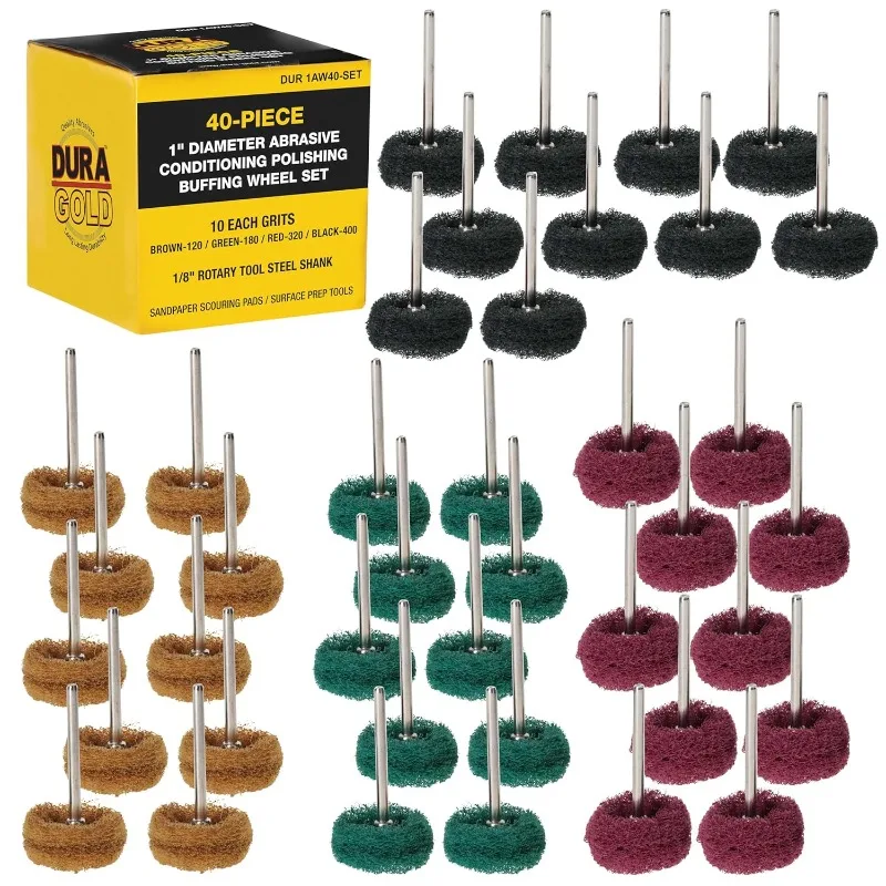 

Dura-Gold 40-Piece 1" Abrasive Conditioning Polishing Buffing Wheel Set - 10 Each Grits 120, 180, 320, 400 with 1/8" Rotary Tool
