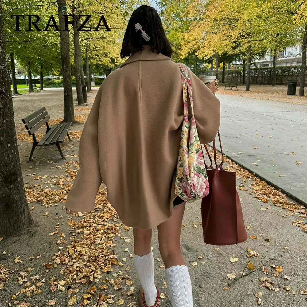 TRAFZA 2023 Autumn Winter Women Casual Solid Coats Fashion Streetwear Turn Down Collar Loose Demi-season Long Jacket For Women