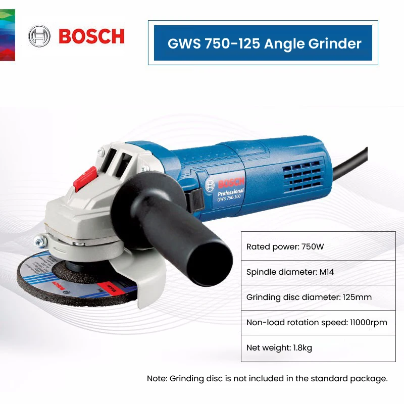 Bosch GWS750-125 Electric Angle Grinder 750W Handle Grinder Cutting Polishing Machine M10/M14 11000rpm Woodworking Power Tool