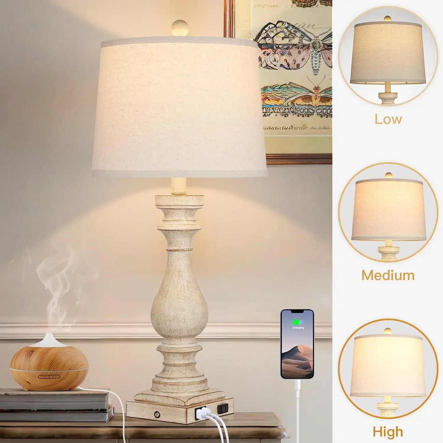 29" Tall Table Lamps Set of 2 with USB-C & AC Outlet, 3-Way Dimmable Touch Control, Farmhouse Nightstand Lamps for Living Room Bedroom view 2