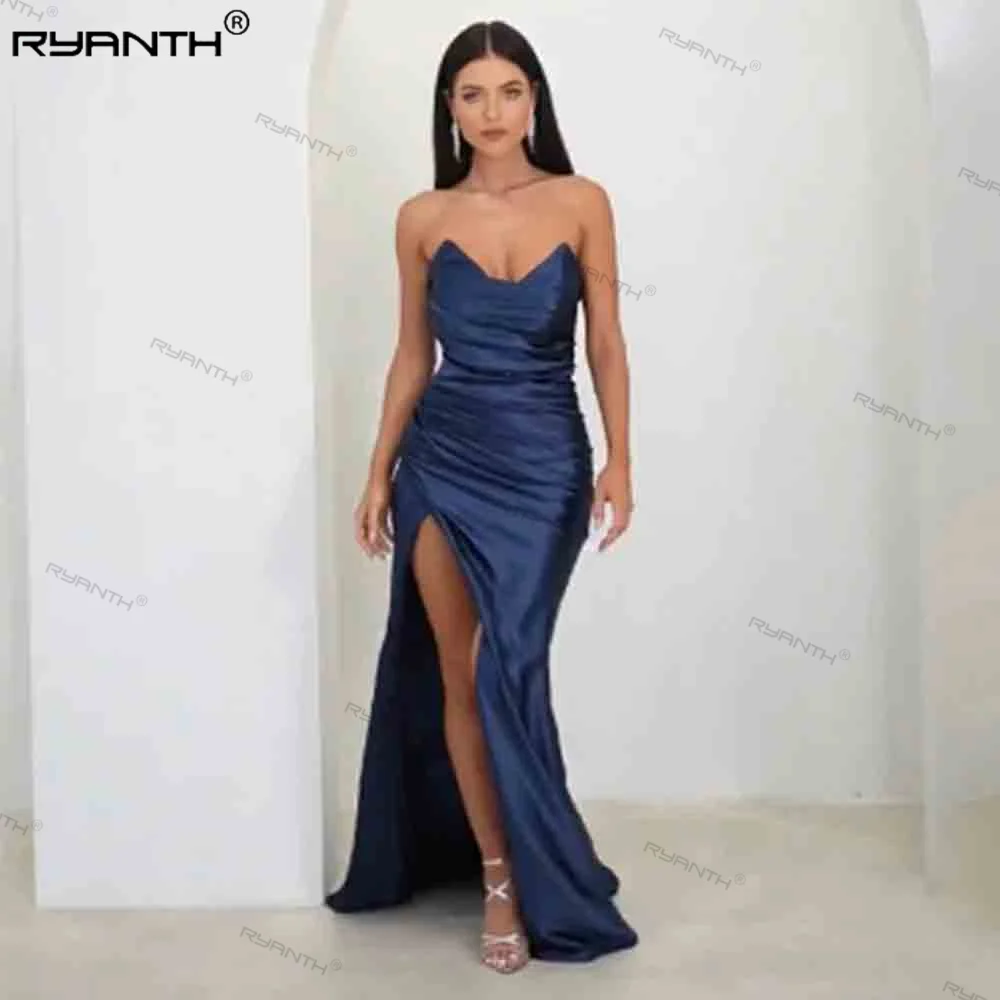 Ryanth Navy Blue Mermaid Prom Dresses High Side Split Strapless Pleated Evening Dress Special Occasion Gowns Vestidos De Noche