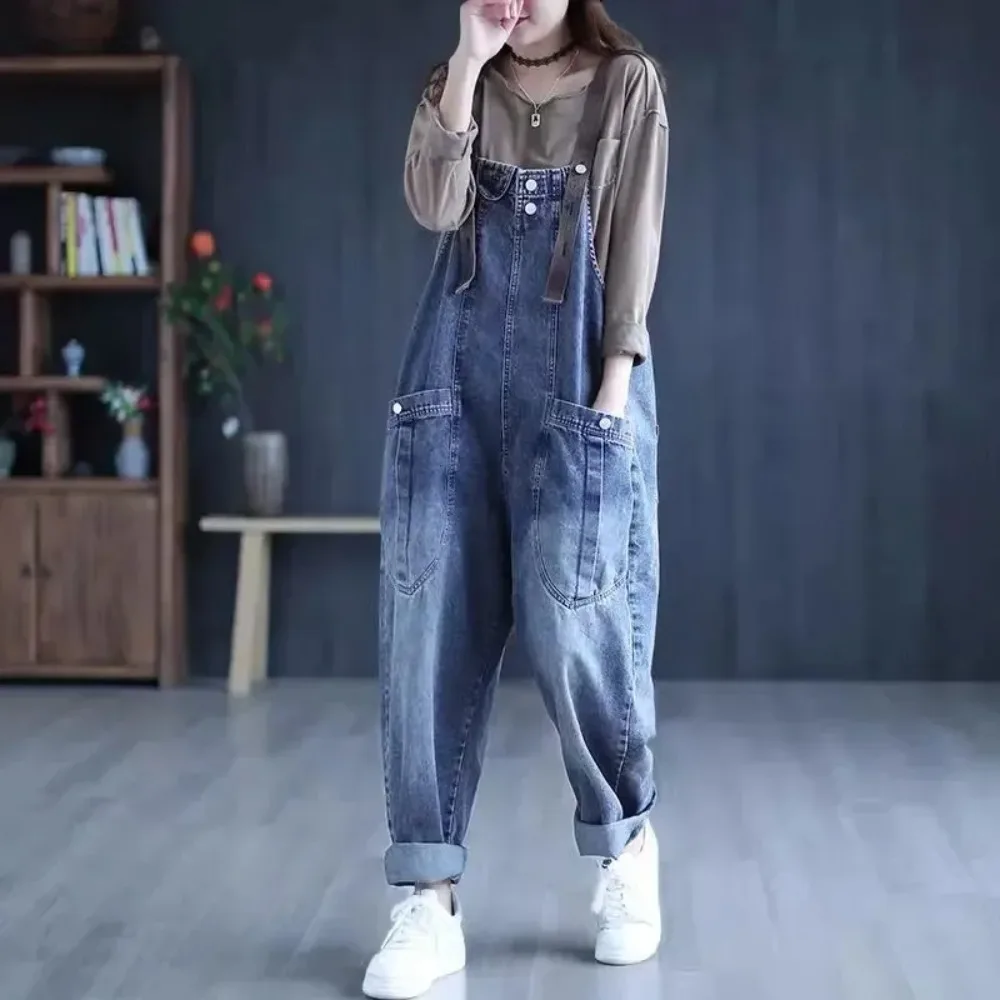 

Jumpsuit Women Jeans Rompers New Retro Big Pocket Loose Denim Overalls Fashion Large Size Wide-leg Pants
