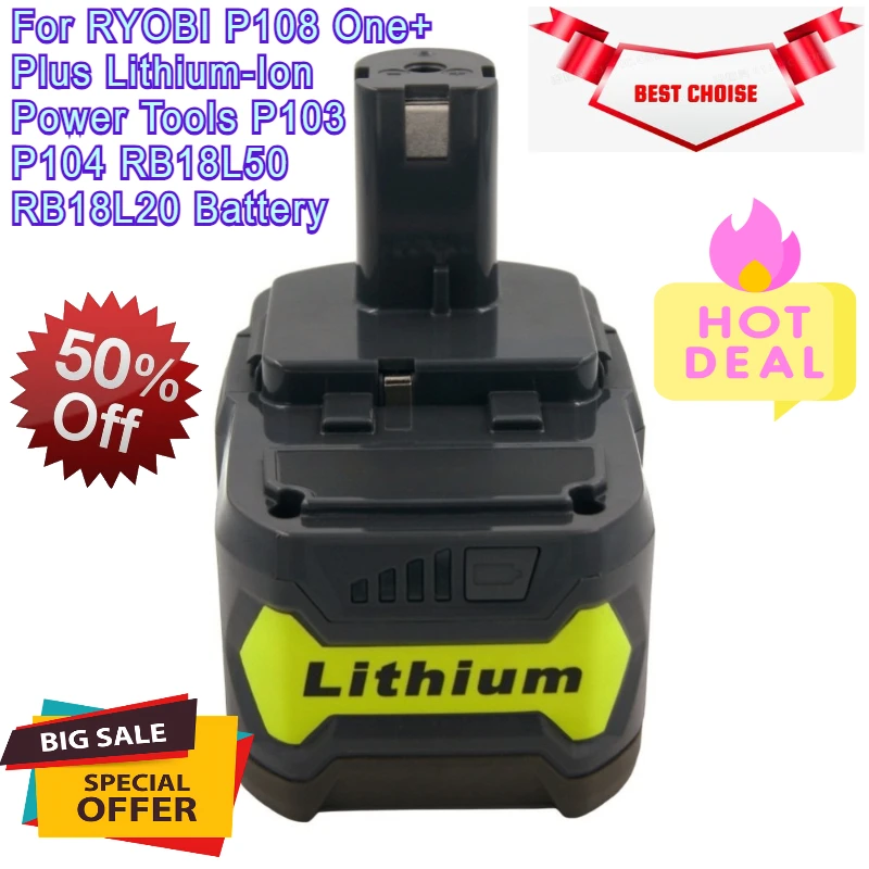 

18V Rechargeable Batteries for RYOBI P108 One+ Plus Lithium-Ion Power Tools P103 P104 RB18L50 RB18L20 Battery with 18V Charger