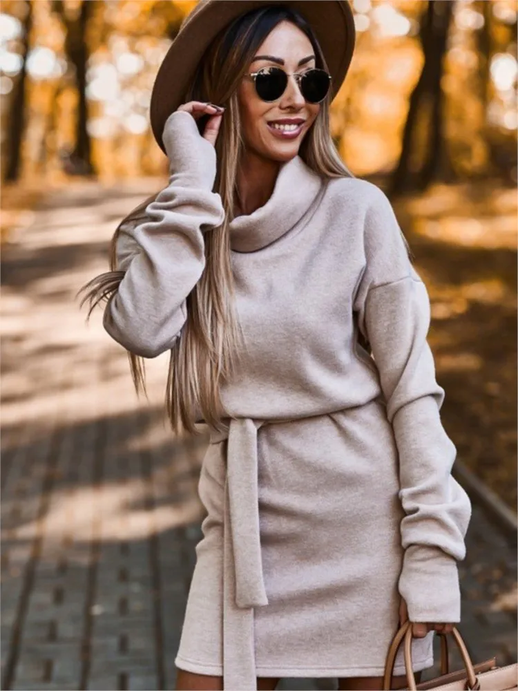 

Autumn Winter Turtleneck Dress Women Long Sleeve Loose Lace-up Mini Dress Casual Knitted Solid Fashion Street Women's Clothing