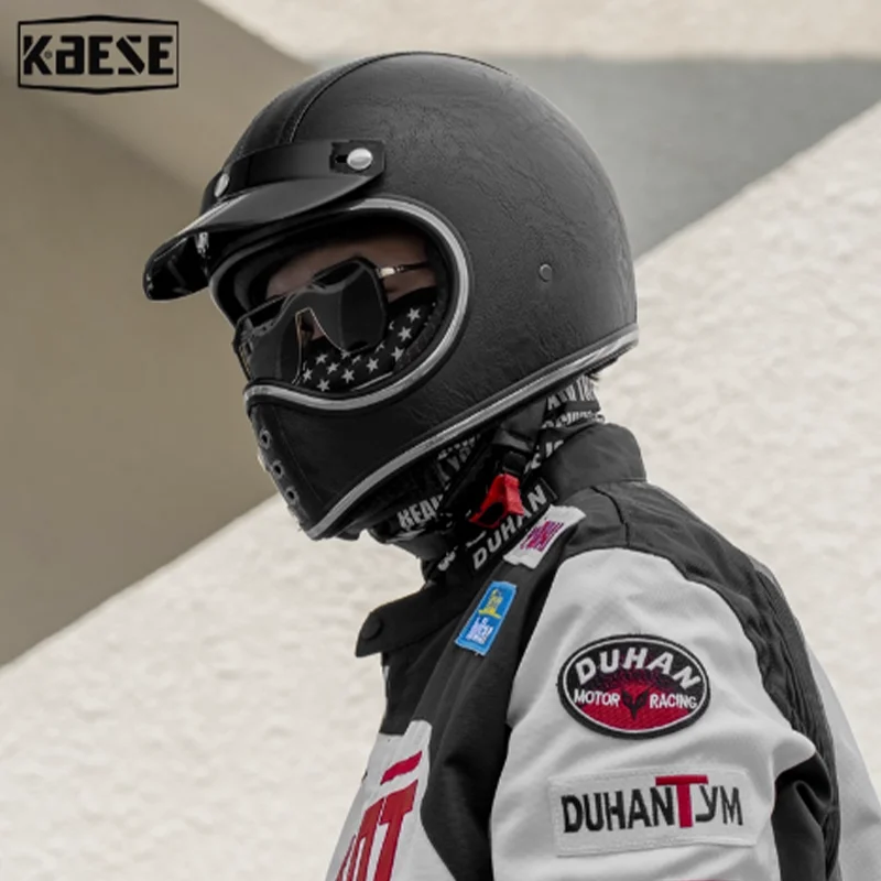 

Full Face Fiberglass Helmet for Motorcycle DOT Certified Lightweight Durable Red Vintage Leather casco para motos