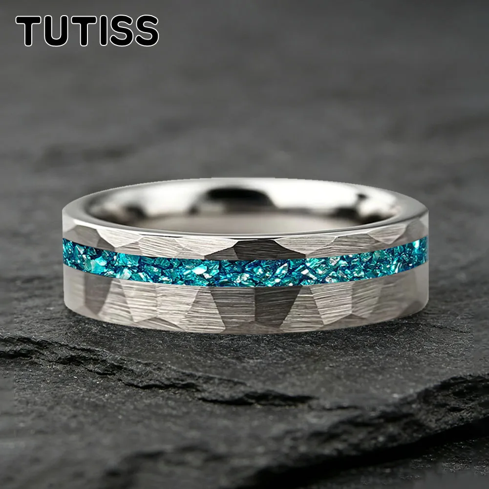 TUTISS 6/8mm Hammered Offset Groove Inlaid Blue Crystal Stone Tungsten Carbide Ring, Couple Ring, Anniversary Commemorative Ring view 4