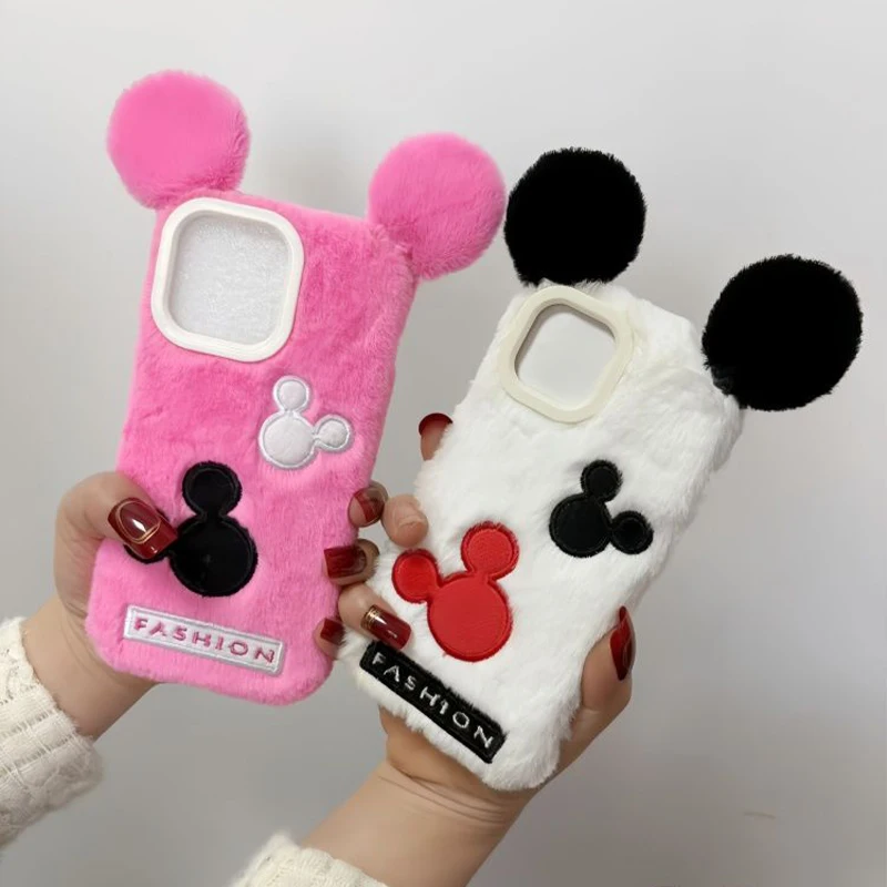 NEW Disneys Mickeys Minnies Mouses Plush Cute Phone Case For iPhone 16 15 14 13 12 11 Pro Max Plus Y2K Stereoscopic Back Cover