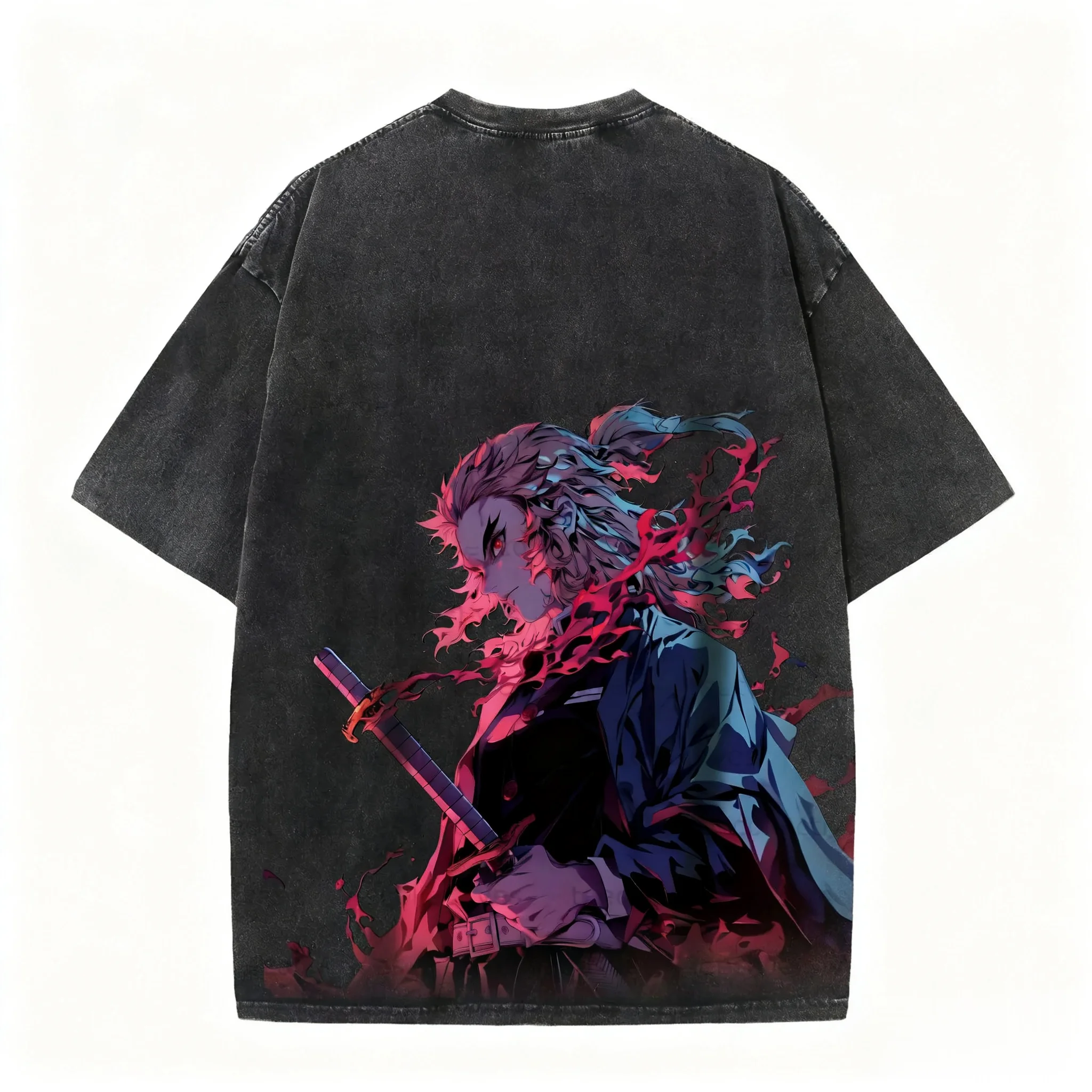 Unisexowa koszulka Harajuku Anime z efektem sprania Demon Slayer Męska Damska Krótki Rękaw Graficzny T-shirt Y2k Ubrania Letnie Streetwear Casualowe Topy