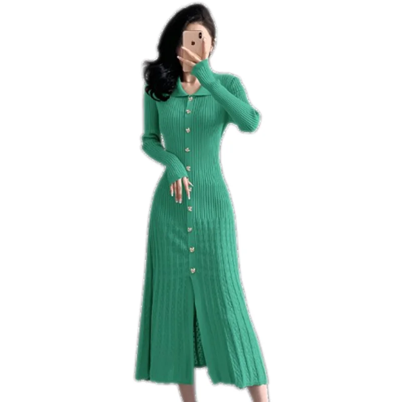 

2024 New Autumn Winter Women Turn-down Collar Long Sleeve Slim Long Dress Fashion Pit Strip Hollow Out Patchwork Knitted Dress
