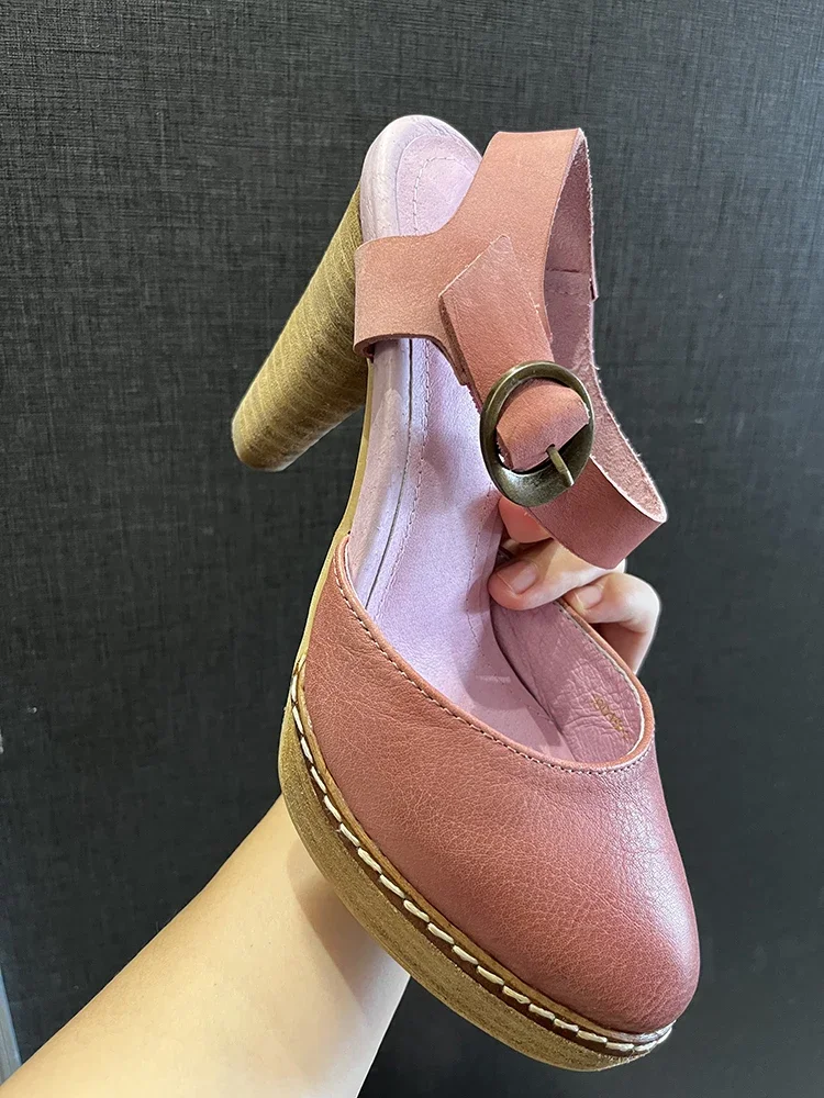 Artmu Original Thick Heel Sandals Pink Shoes Genuine Leather Closed Toe 9.5cm Super High Heels Buckle Ladies Platform Pumps