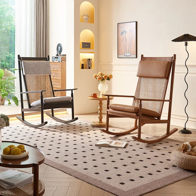 

Retro solid wood saddle leather rocking chair balcony living room nap recliner chair designer rattan backrest happy chair
