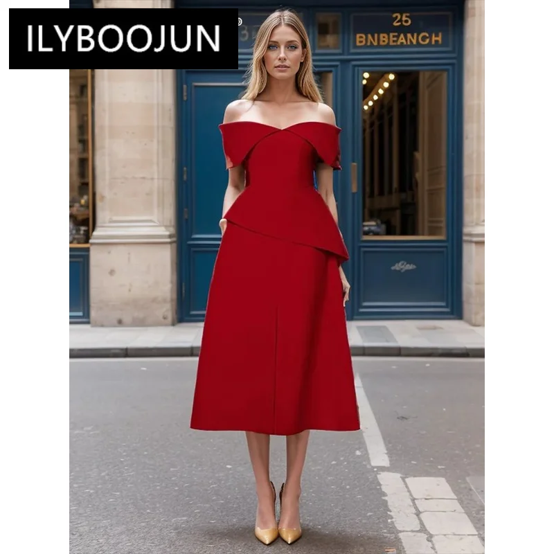 

ILYBOOJUN Solid Formal Spliced Zipper Chic Dress For Women Slash Neck Sleeveless Tunic Split Temperament Dresses Female New