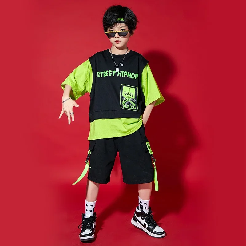 Boys Hip Hop Clothing Fake Two-piece Top Black Short with Fluorescent Ribbon for Girls Kids Jazz Dance Costume Clothes Set