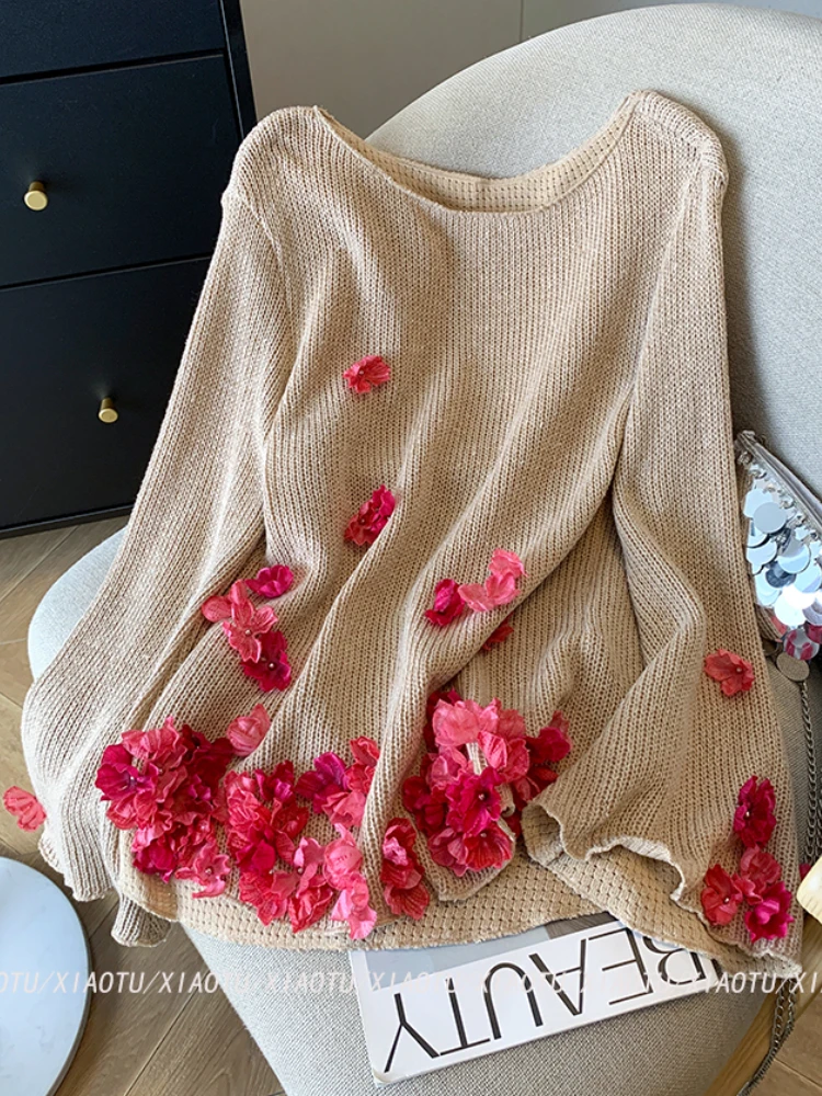 Heavy Industry Contrasting Color Three-dimensional Flower Horn Sleeve Knitted Sweater Women's Spring Autumn Khaki Pullovers