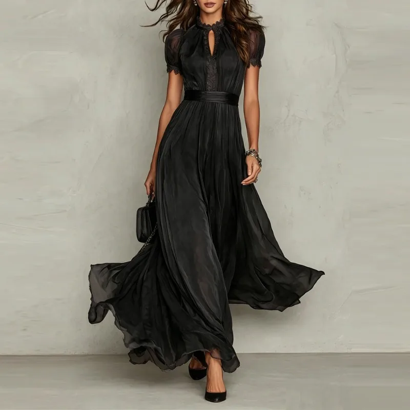 Elegant Chiffon Lace Trim Midi Dress Stand Collar Neck Puff Sleeve Cinched Waist Draped A Line Flowy Women's Casual Dresses