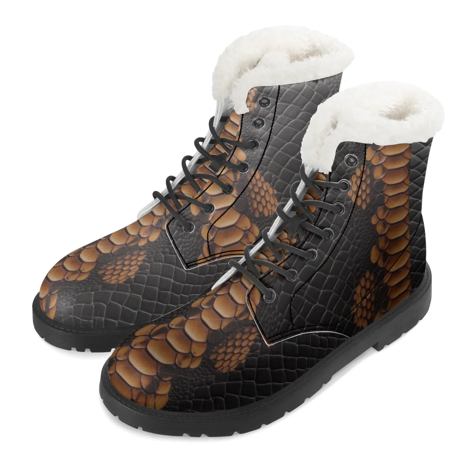Botas de felpa con patrón de piel de serpiente personalizadas, botas informales, superventas, botas de invierno a media pantorrilla para hombres y mujeres