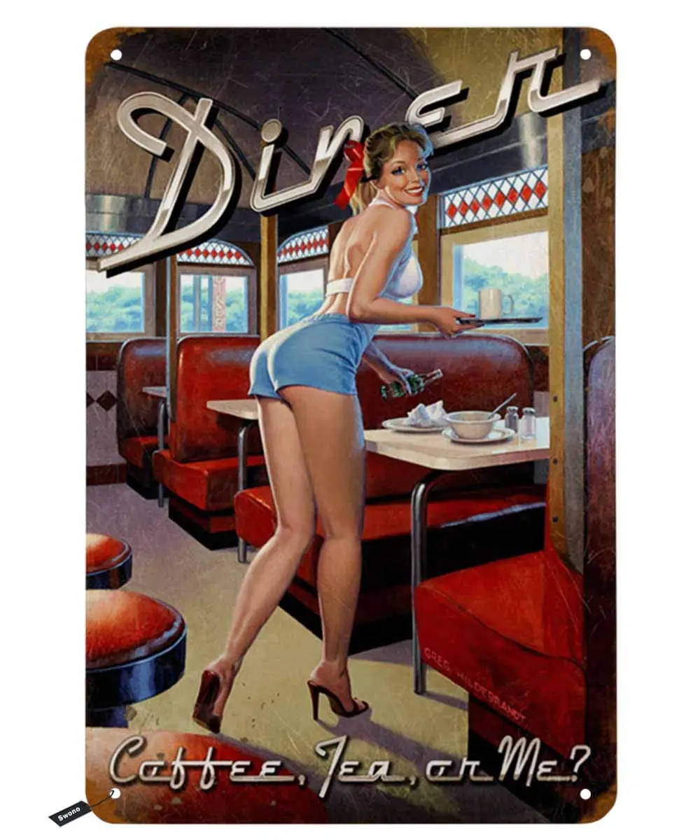 Swono Dinner Tin Signs,Pinup Girl Smile on Dining Room Coffee Tea Me Vintage Metal Tin Sign For Men Women,Wall Decor for Bars,Re