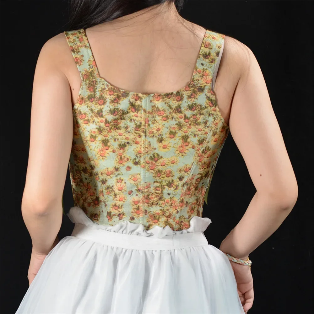 Floral Print Crop Tops Overbust Female Sleeveless Bandage Short Strap Vest For Women Vintage Fashion French Style Lace up Corset