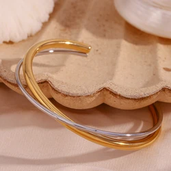 Trendy 2 Tones Cross Double Line Cuff Bangles Bracelets For Woman Stainless Steel 18K Gold Plated Arm Bangle Jewelry