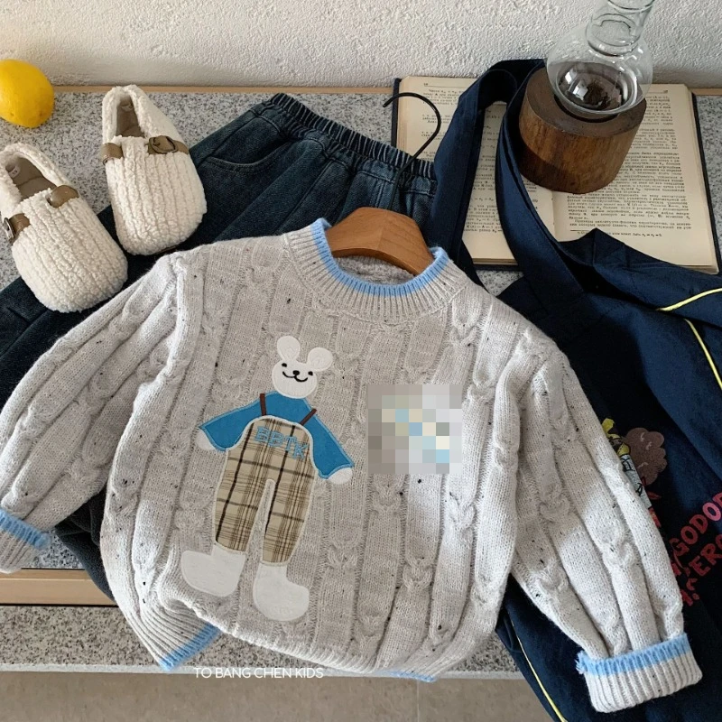 

2025 Winter New Children's Embroidered Cartoon Color Blocked Thick Knitted Warm Sweater