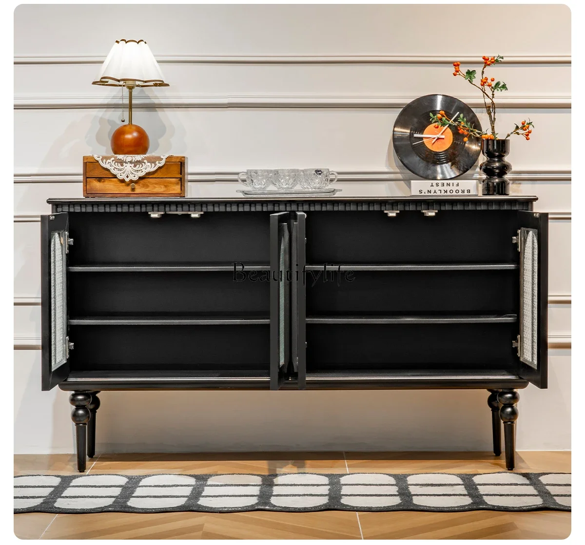 

Retro Style Black Sideboard Cabinet Casual Dustproof Display Glass Decorative Cabinet