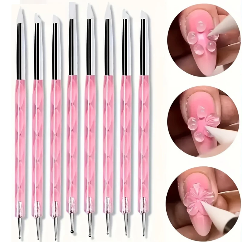 5Pcs/set Double-end Nail Art Pencil Acrylic Silicone Point Flower Nail Pen Stainless Steel Dotting Tool Marbleizing Painting Pen