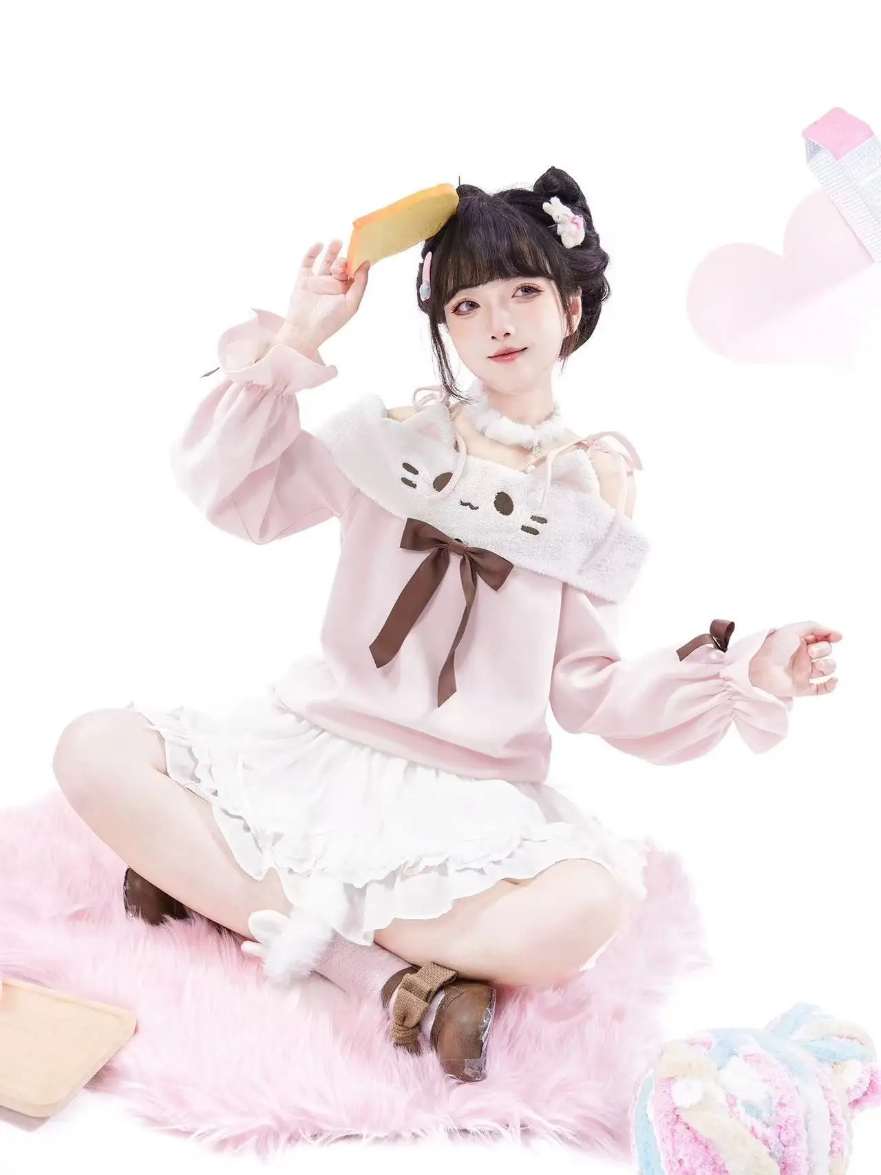 크리스마스 겨울 일본 카와이 고양이 스웨트셔츠 오프숄더 귀여운 만화 Y2K 감성 레이스 캐주얼 후드티