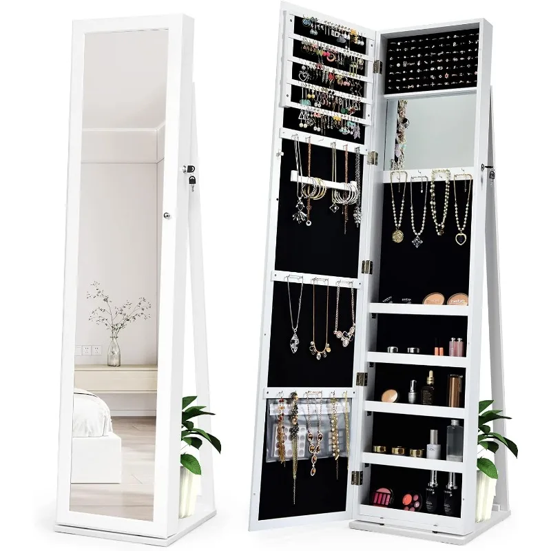 Standing Jewelry Cabinet, Large Capacity Jewelry Organizer w/Full-Length Mirror & Rear Storage Shelves, Lockable Mirror Jewelry